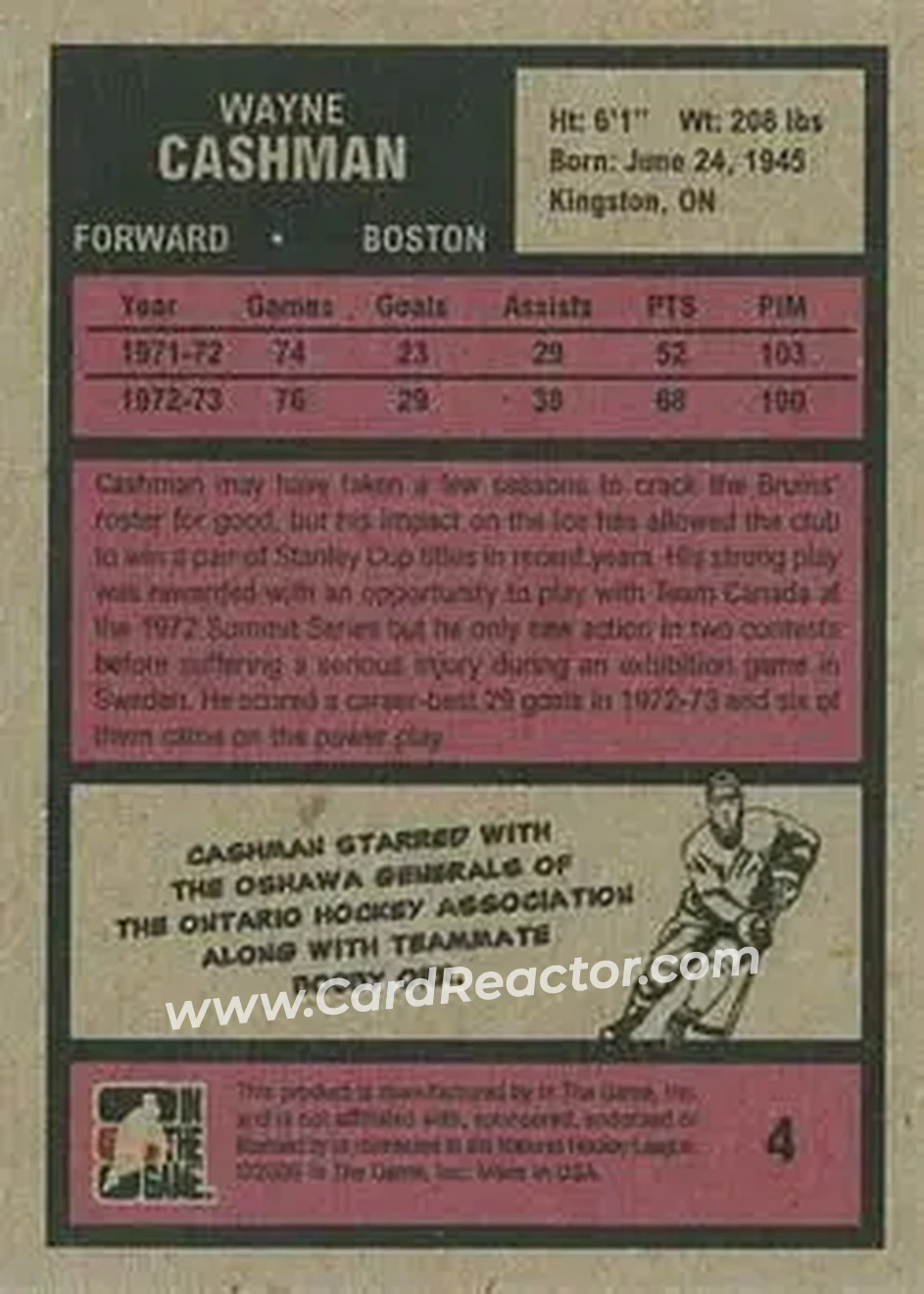 2009-10 In The Game 1972 The Year In Hockey #4 - Wayne Cashman - Boston Bruins - Back