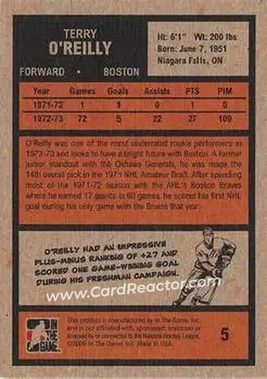 2009-10 In The Game 1972 The Year In Hockey #5 - Terry O'Reilly - Boston Bruins - Back