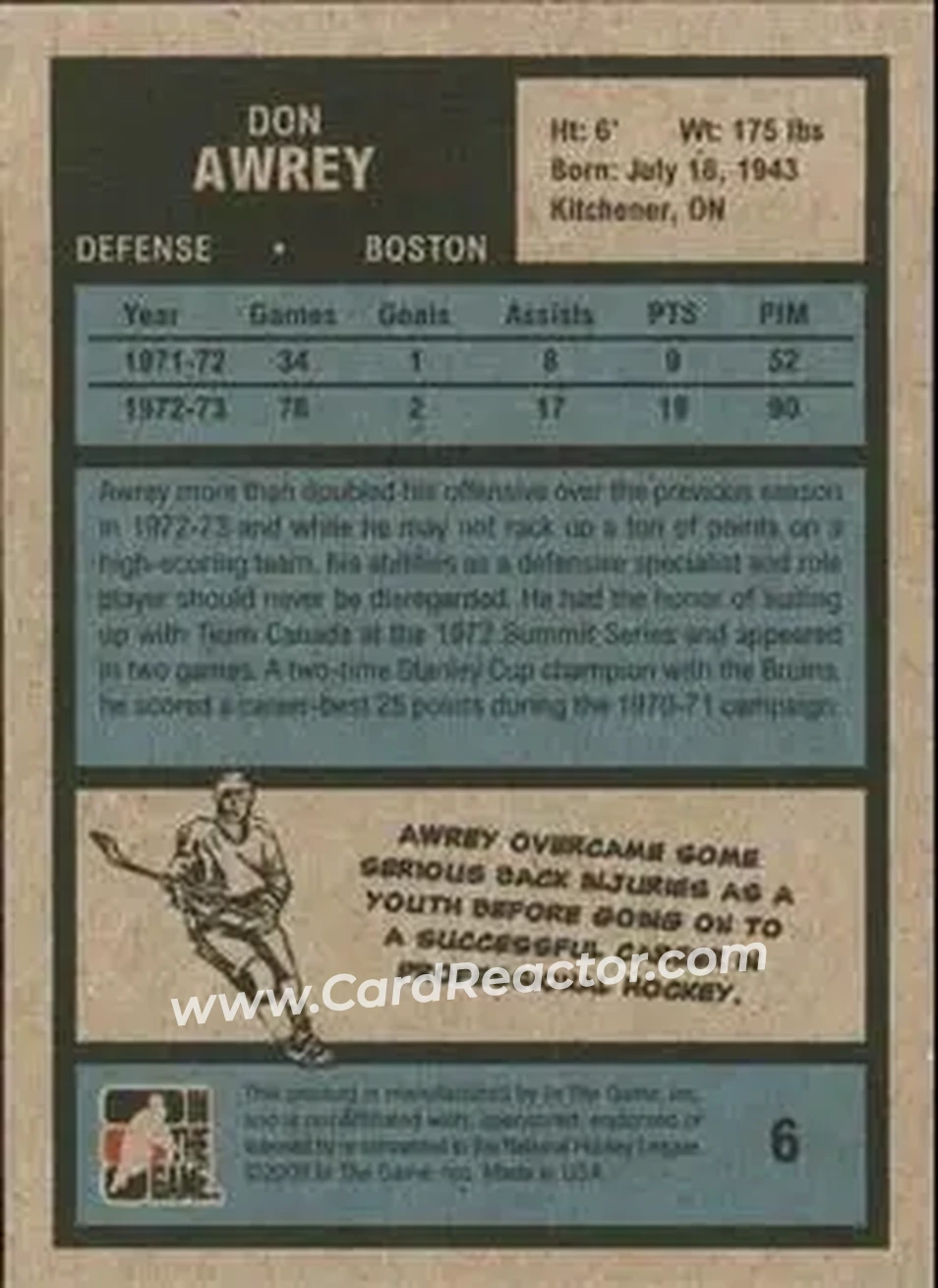 2009-10 In The Game 1972 The Year In Hockey #6 - Don Awrey - Boston Bruins - Back