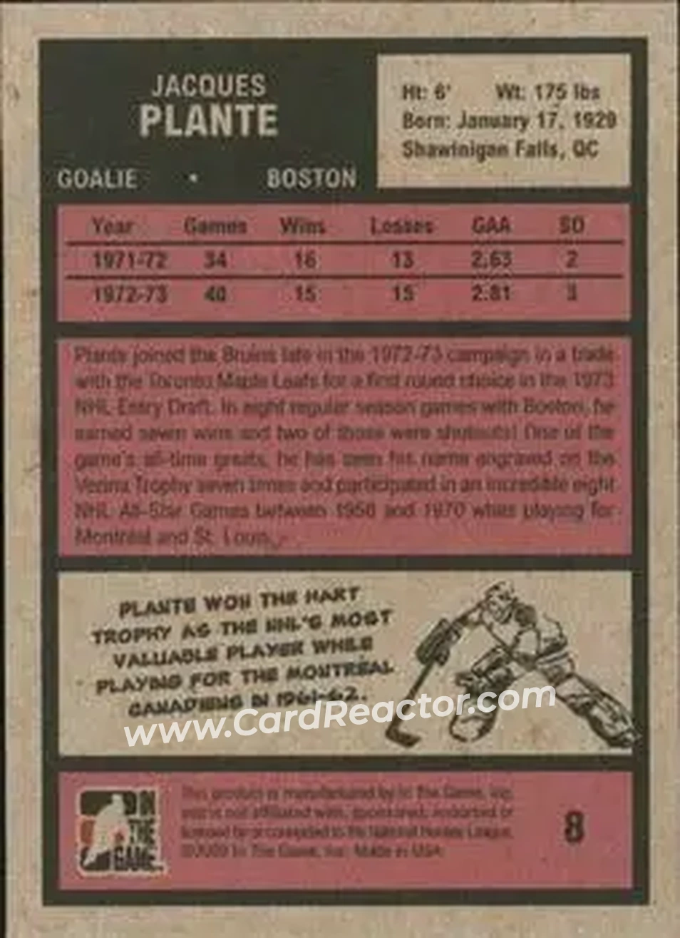2009-10 In The Game 1972 The Year In Hockey #8 - Jacques Plante - Boston Bruins - Back