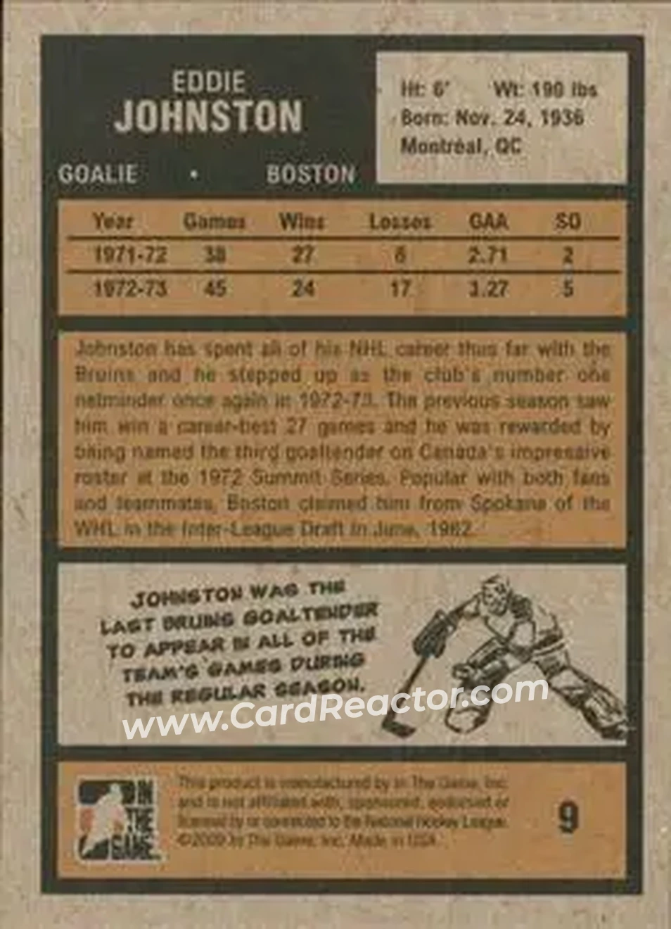 2009-10 In The Game 1972 The Year In Hockey #9 - Ed Johnston - Boston Bruins - Back