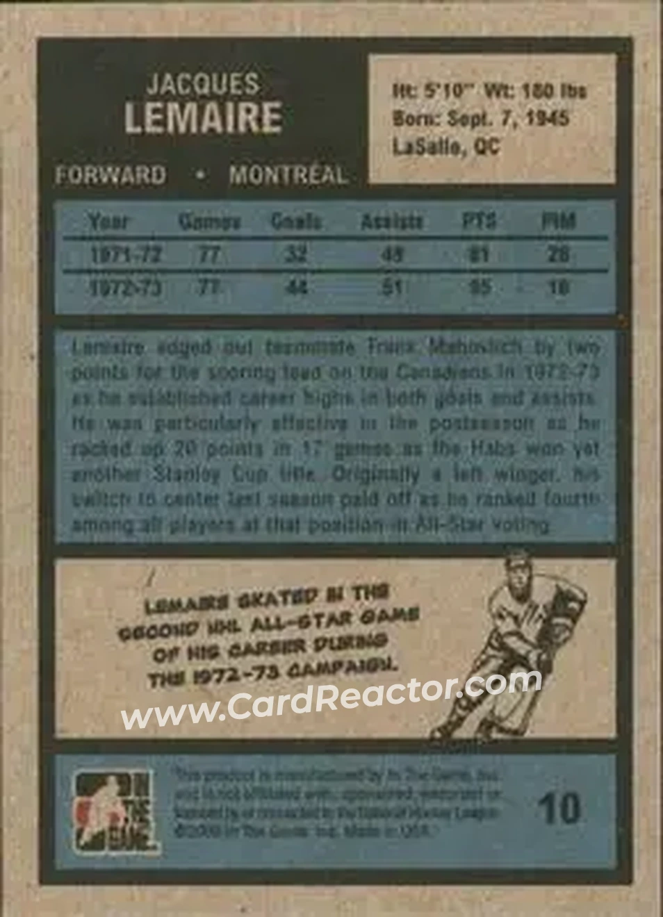 2009-10 In The Game 1972 The Year In Hockey #10 - Jacques Lemaire - Montreal Canadiens - Back