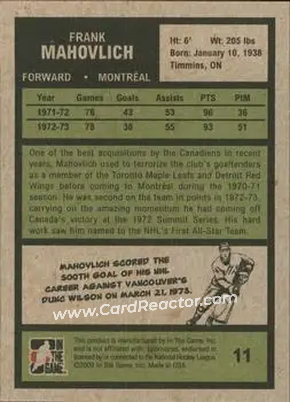 2009-10 In The Game 1972 The Year In Hockey #11 - Frank Mahovlich - Montreal Canadiens - Back