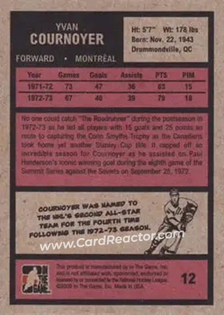 2009-10 In The Game 1972 The Year In Hockey #12 - Yvan Cournoyer - Montreal Canadiens - Back