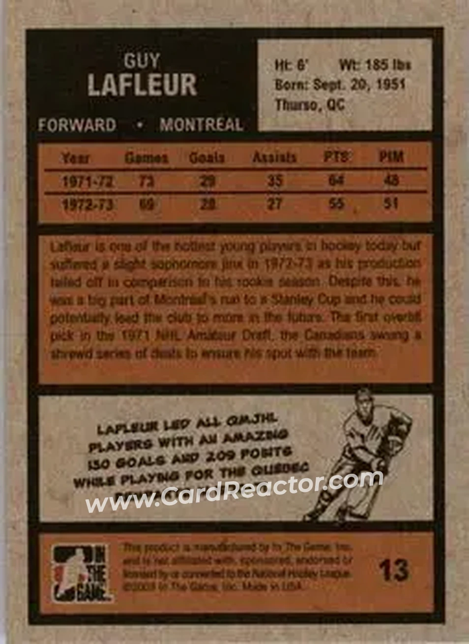 2009-10 In The Game 1972 The Year In Hockey #13 - Guy Lafleur - Montreal Canadiens - Back