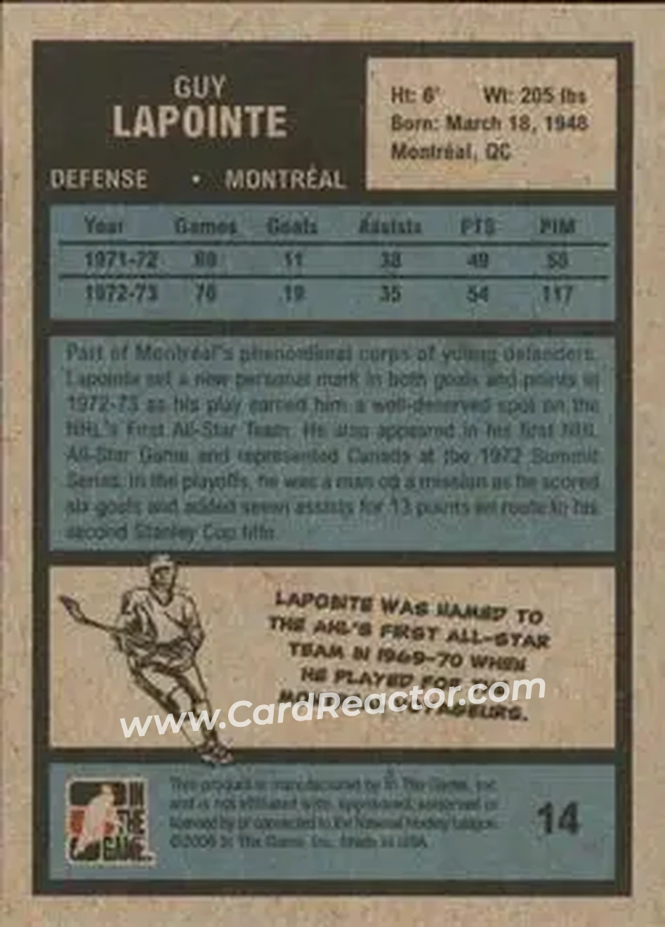 2009-10 In The Game 1972 The Year In Hockey #14 - Guy Lapointe - Montreal Canadiens - Back