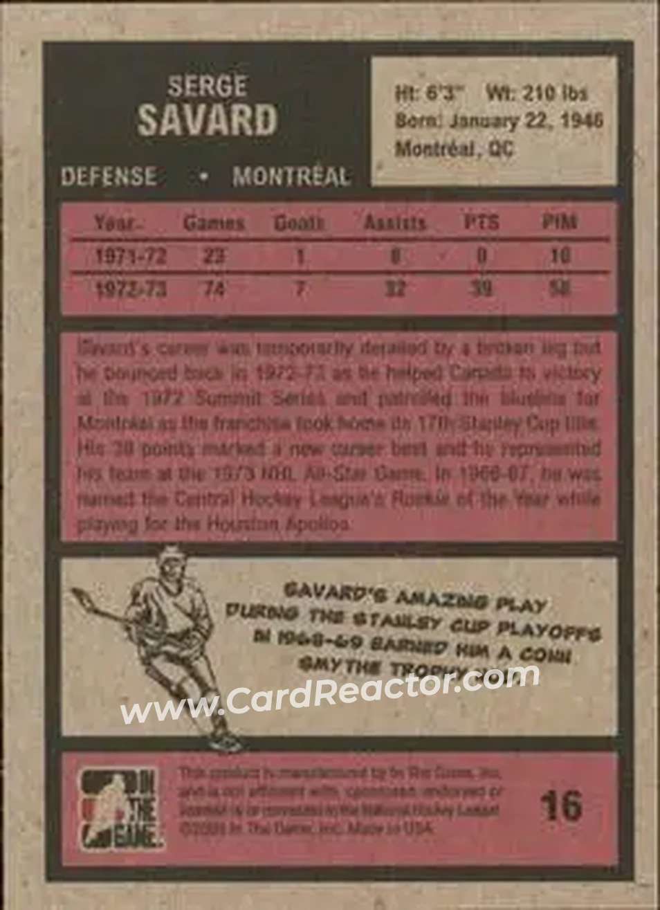 2009-10 In The Game 1972 The Year In Hockey #16 - Serge Savard - Montreal Canadiens - Back