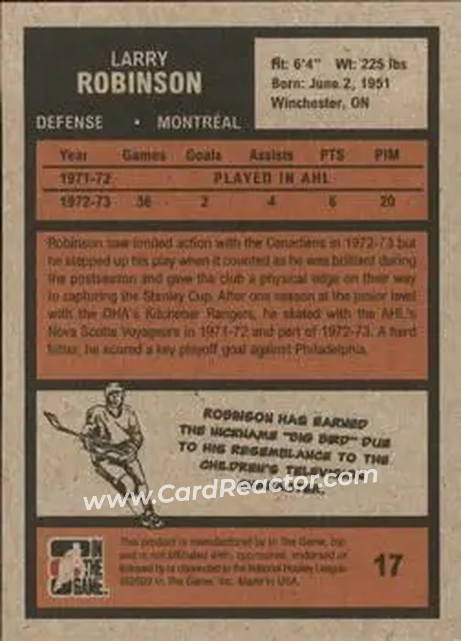 2009-10 In The Game 1972 The Year In Hockey #17 - Larry Robinson - Montreal Canadiens - Back