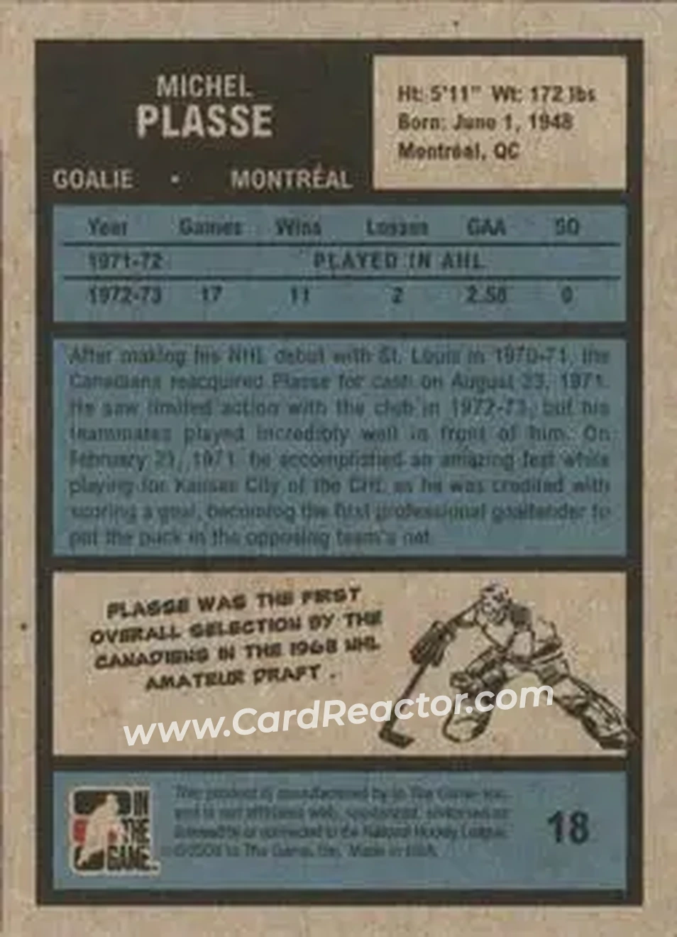 2009-10 In The Game 1972 The Year In Hockey #18 - Michel Plasse - Montreal Canadiens - Back