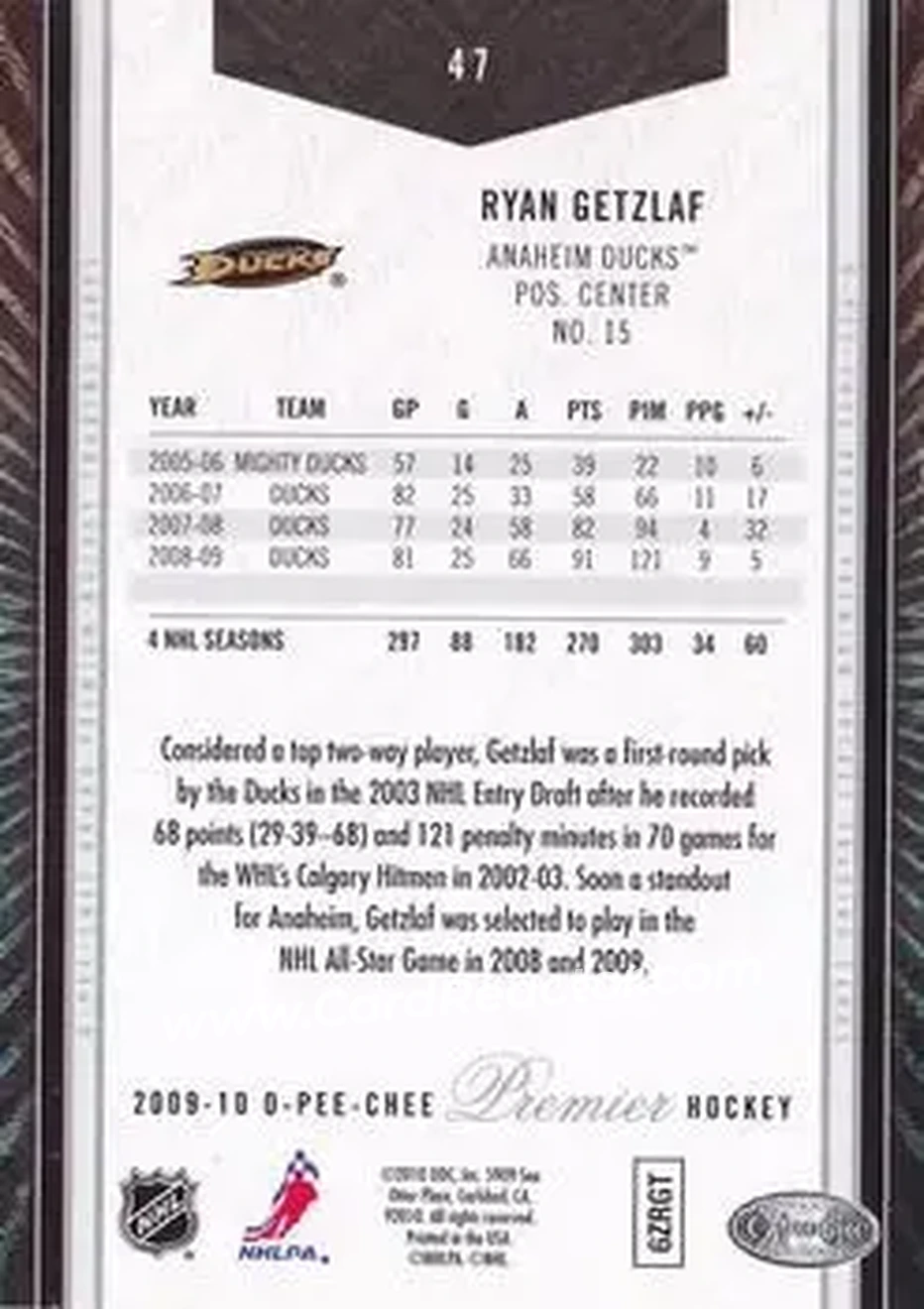 2009-10 O-Pee-Chee Premier #47 - Ryan Getzlaf - Anaheim Ducks - Back