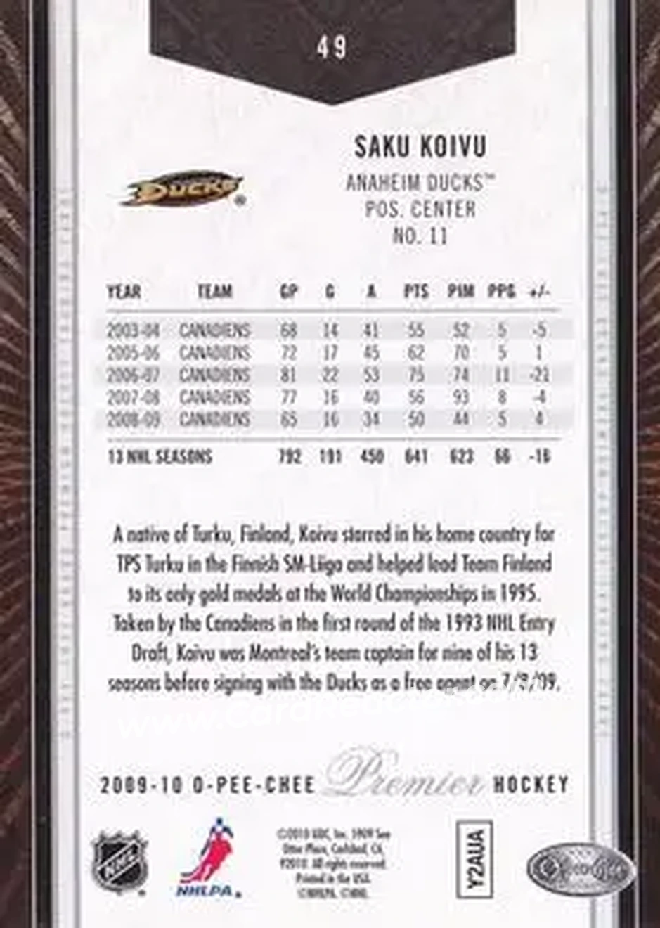 2009-10 O-Pee-Chee Premier #49 - Saku Koivu - Anaheim Ducks - Back 2009-10 O-Pee-Chee Premier #49 - Saku Koivu - Anaheim Ducks - Back