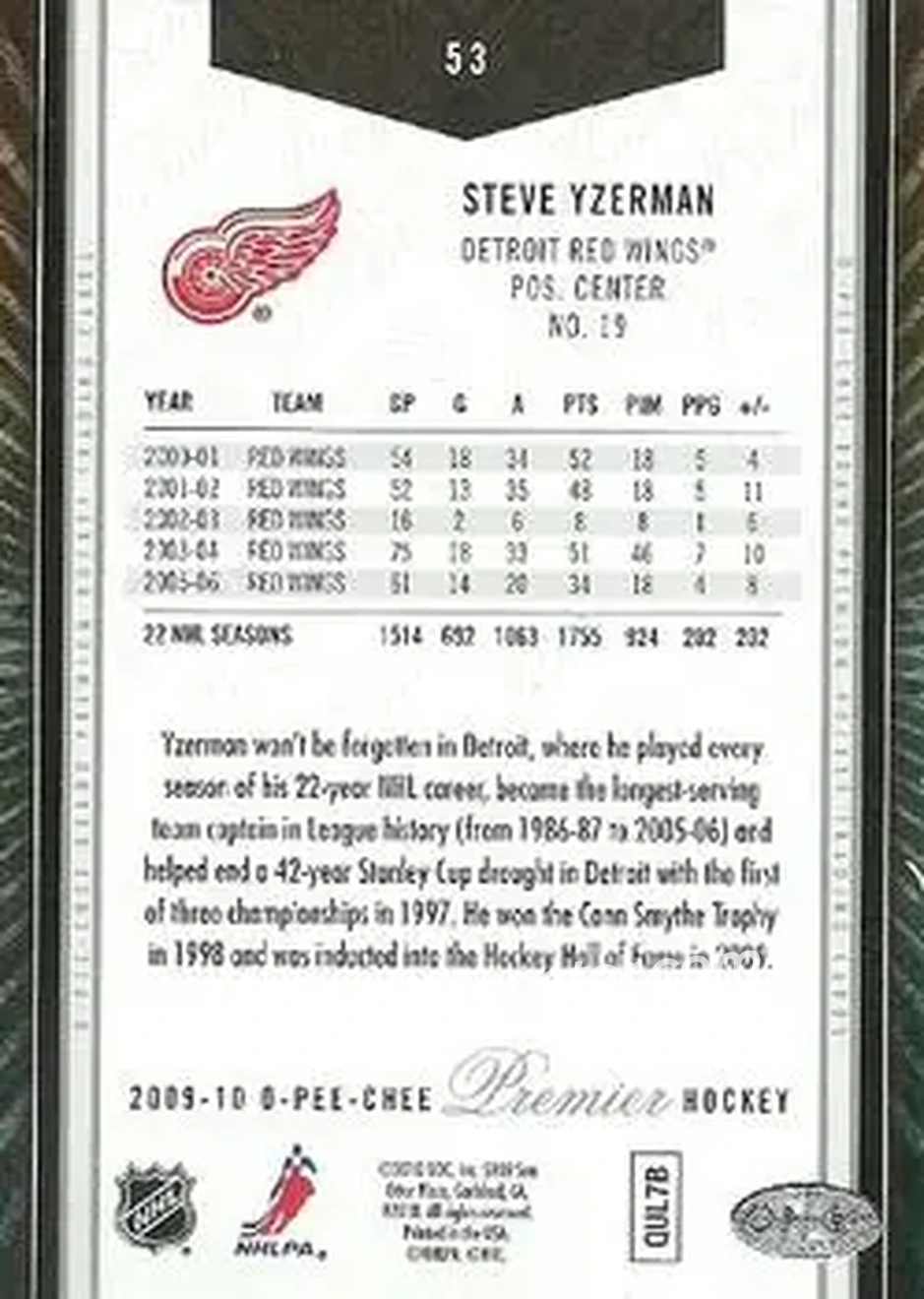 2009-10 O-Pee-Chee Premier #53 - Steve Yzerman - Detroit Red Wings - Back