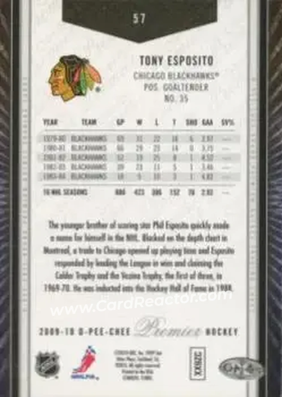 2009-10 O-Pee-Chee Premier #57 - Tony Esposito - Chicago Blackhawks - Back