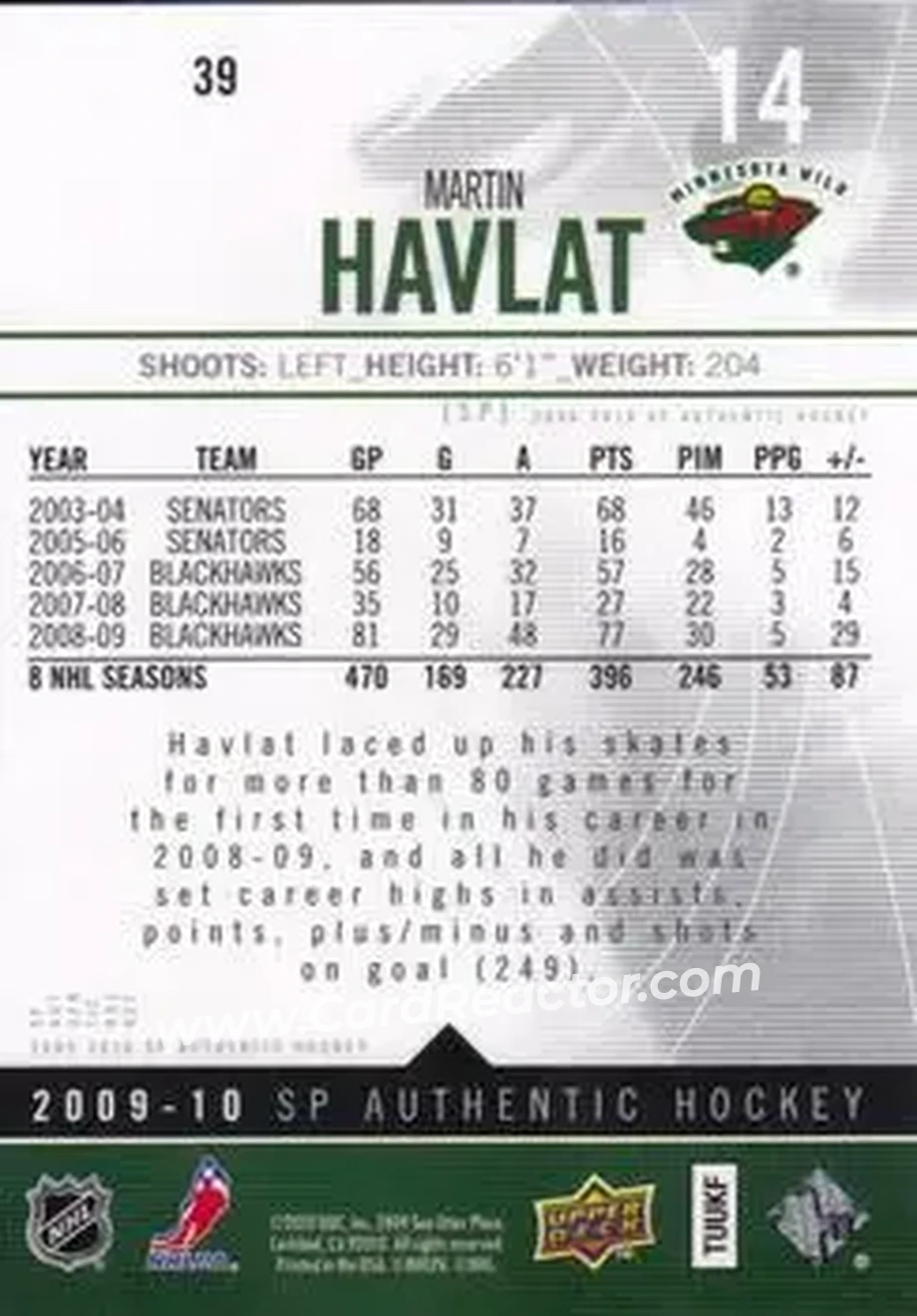 2009-10 SP Authentic #39 - Martin Havlat - Minnesota Wild - Back