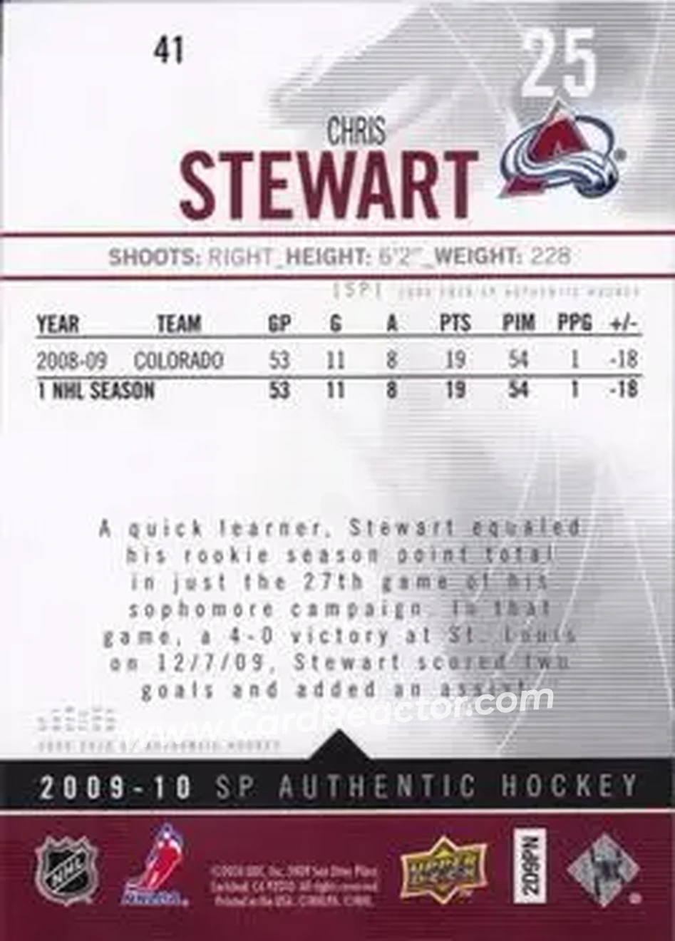 2009-10 SP Authentic #41 - Chris Stewart - Colorado Avalanche - Back
