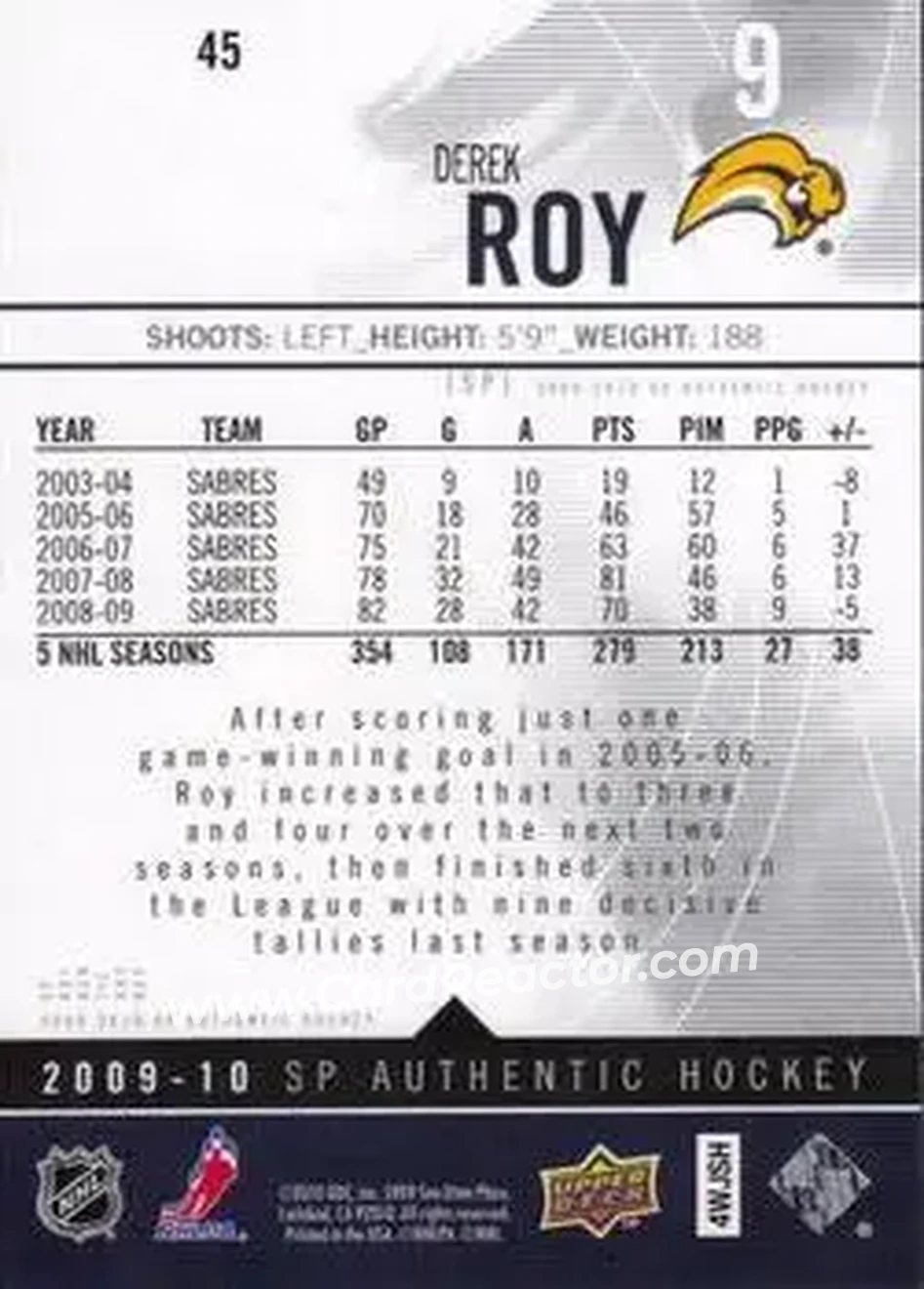 2009-10 SP Authentic #45 - Derek Roy - Buffalo Sabres - Back