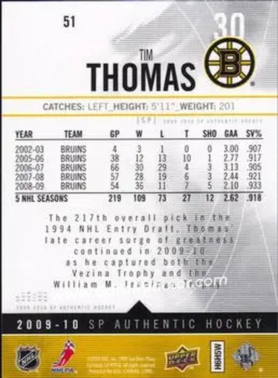 2009-10 SP Authentic #51 - Tim Thomas - Boston Bruins - Back