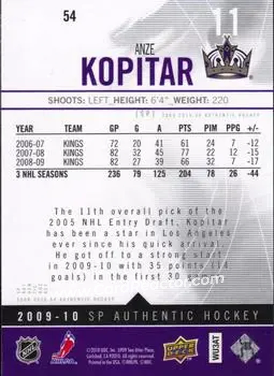 2009-10 SP Authentic #54 - Anze Kopitar - Los Angeles Kings - Back