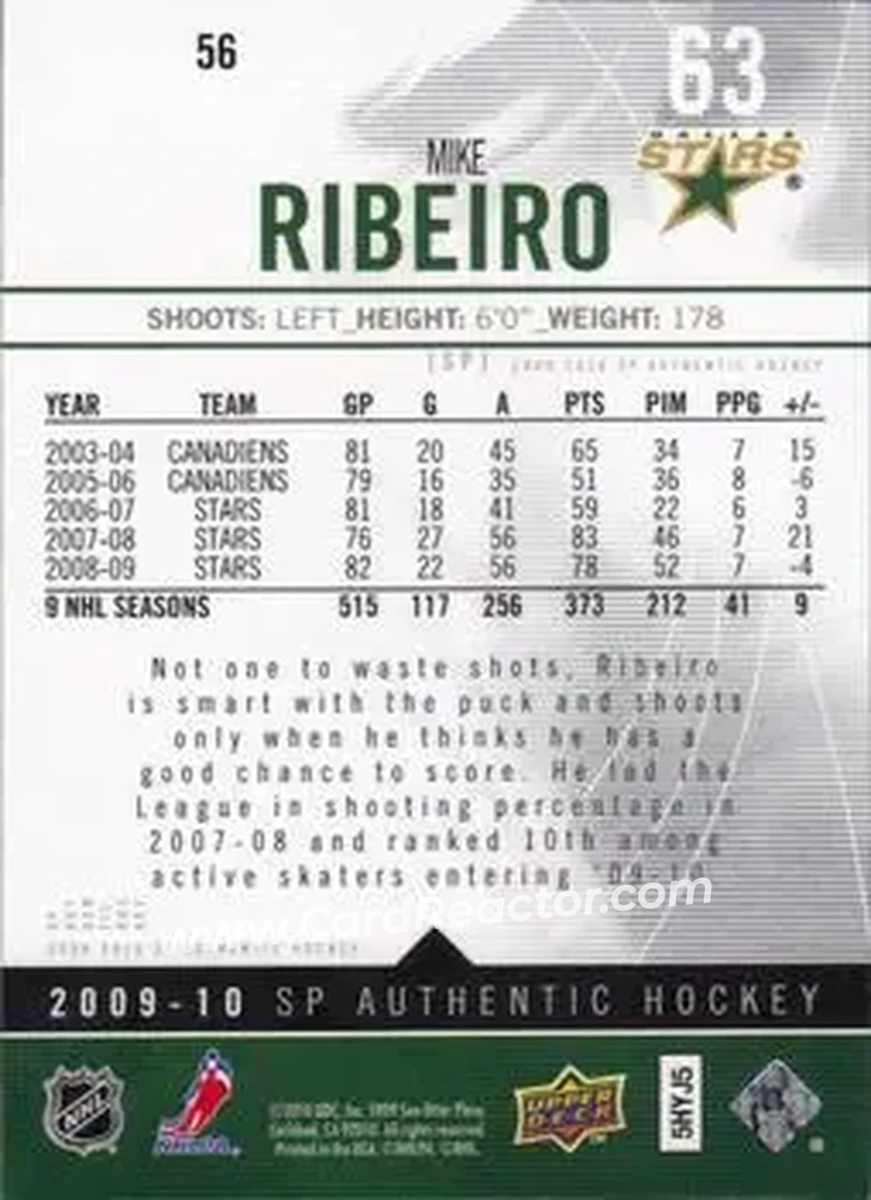 2009-10 SP Authentic #56 - Mike Ribeiro - Dallas Stars - Back