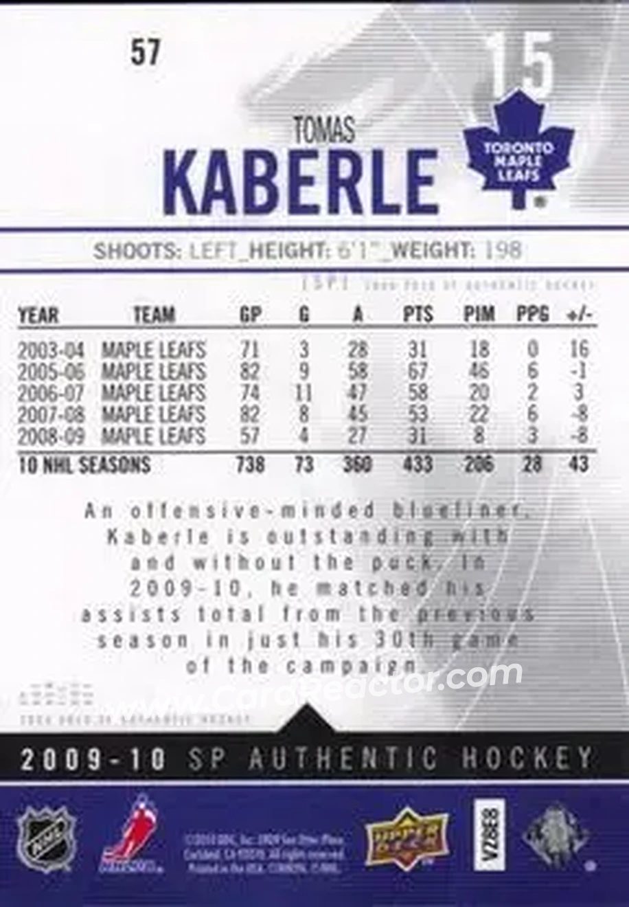 2009-10 SP Authentic #57 - Tomas Kaberle - Toronto Maple Leafs - Back