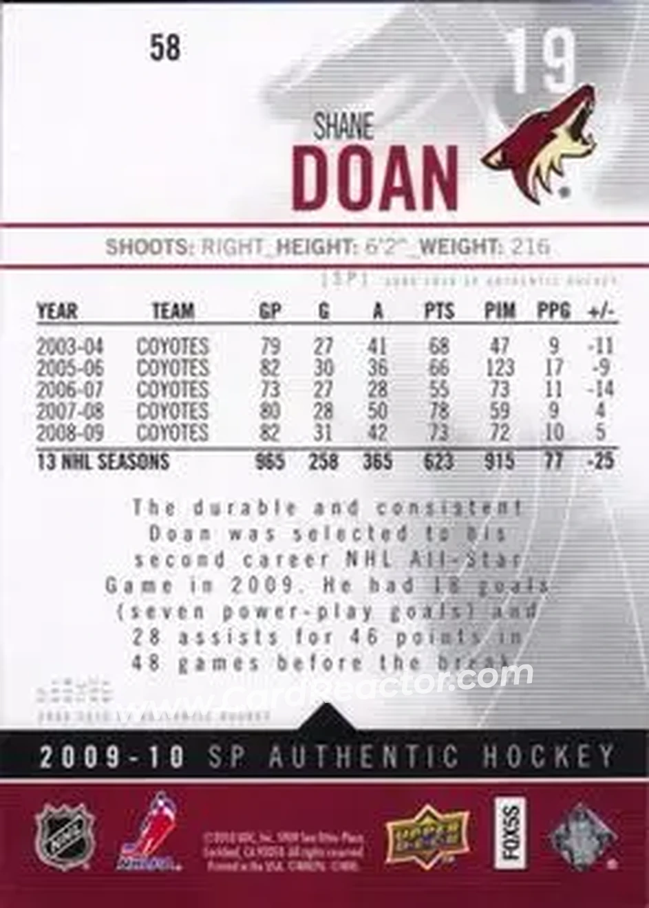 2009-10 SP Authentic #58 - Shane Doan - Phoenix Coyotes - Back