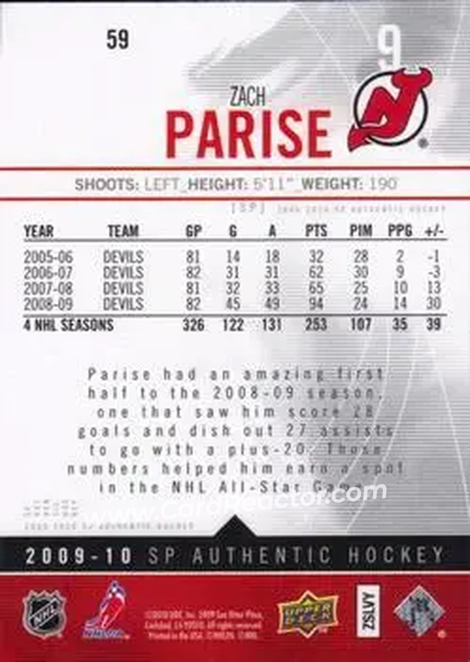 2009-10 SP Authentic #59 - Zach Parise - New Jersey Devils - Back