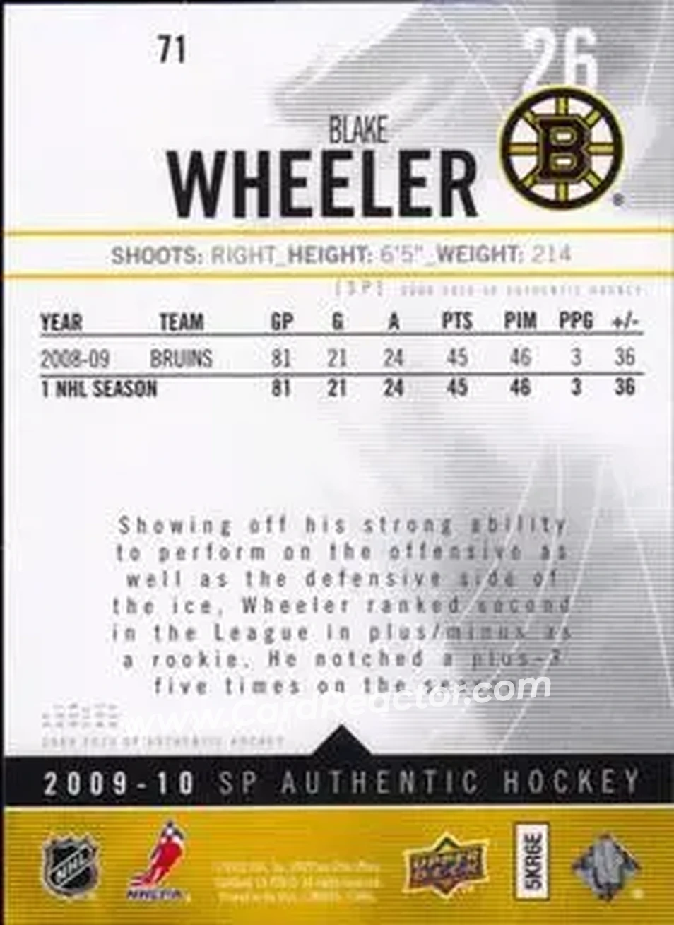 2009-10 SP Authentic #71 - Blake Wheeler - Boston Bruins - Back