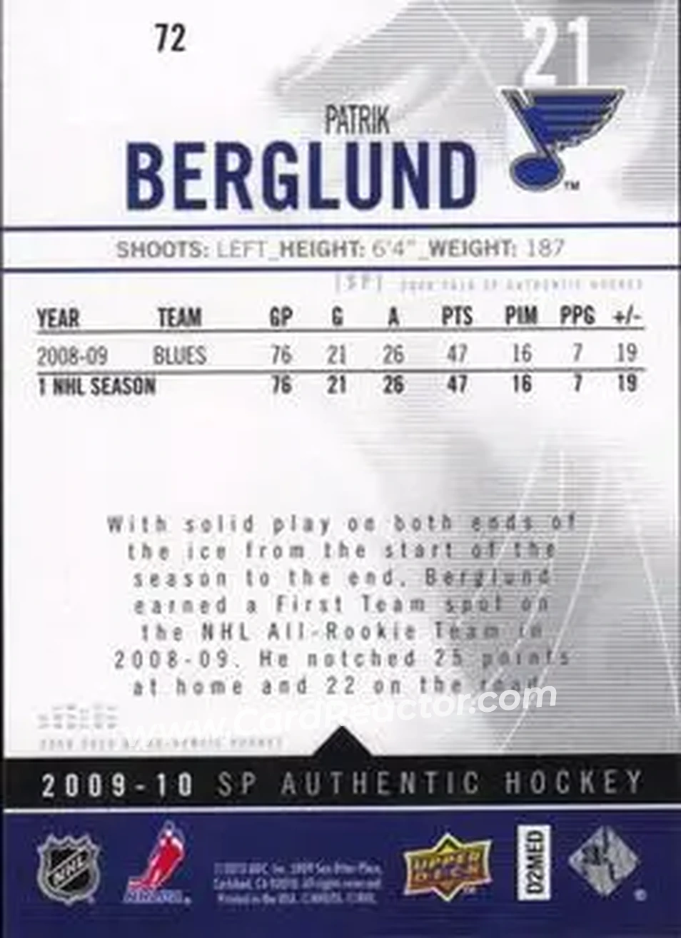 2009-10 SP Authentic #72 - Patrik Berglund - St. Louis Blues - Back