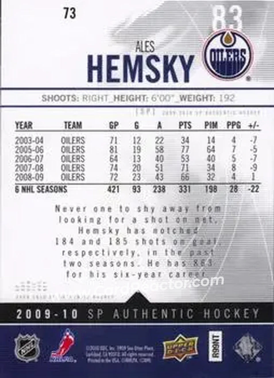 2009-10 SP Authentic #73 - Ales Hemsky - Edmonton Oilers - Back