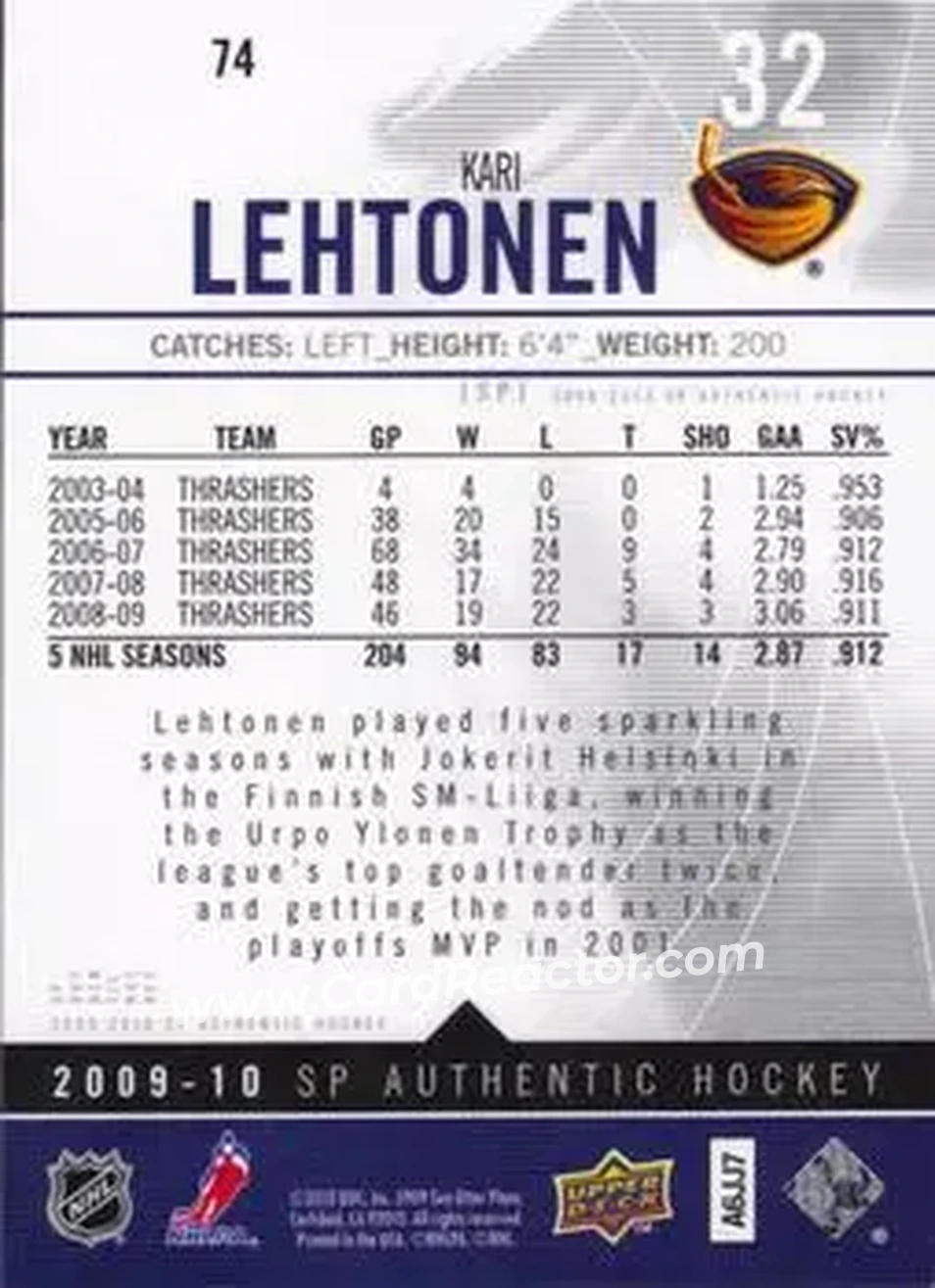 2009-10 SP Authentic #74 - Kari Lehtonen - Atlanta Thrashers - Back