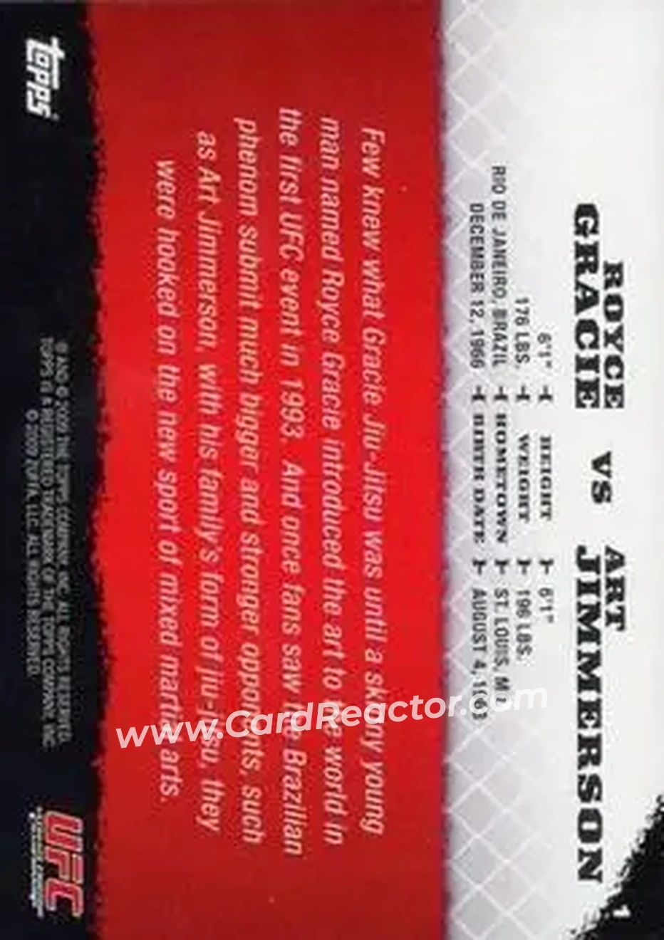 2009 Topps UFC Round 1 #1 - Royce Gracie - Art Jimmerson RC - Back