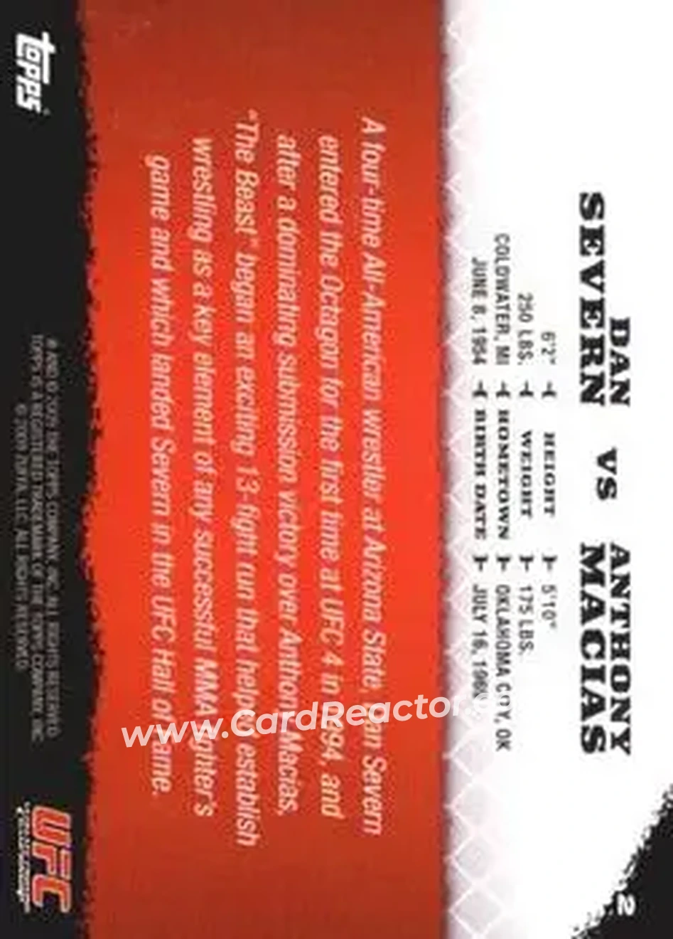 2009 Topps UFC Round 1 #2 - Dan Severn - Anthony Macias RC - Back