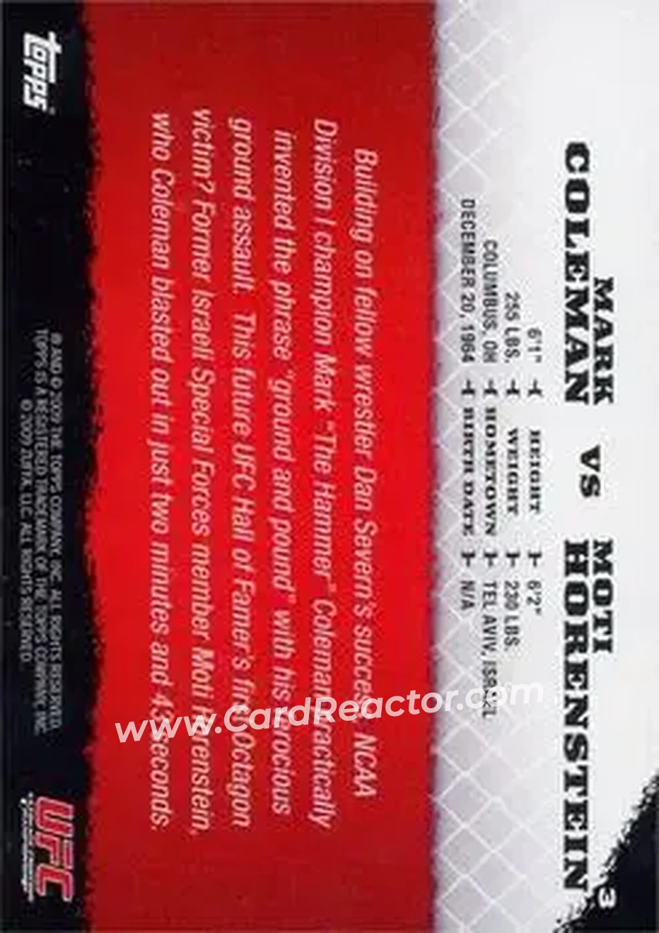 2009 Topps UFC Round 1 #3 - Mark Coleman - Moti Horenstein RC - Back