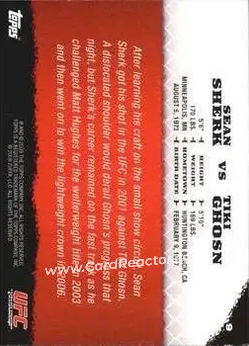 2009 Topps UFC Round 1 #9 - Sean Sherk - Tiki Ghosn RC - Back