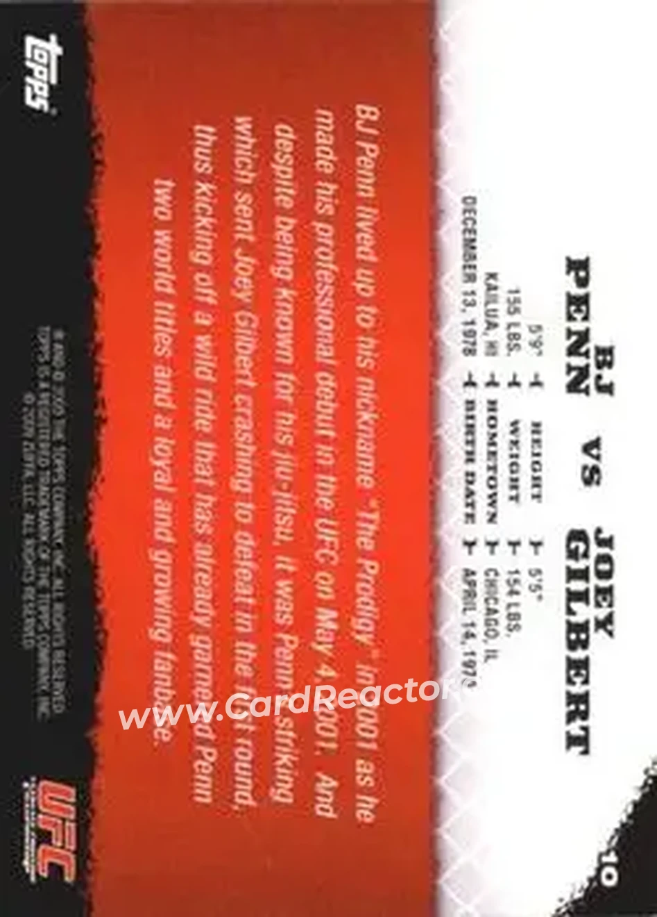2009 Topps UFC Round 1 #10 - BJ Penn - Joey Gilbert RC - Back