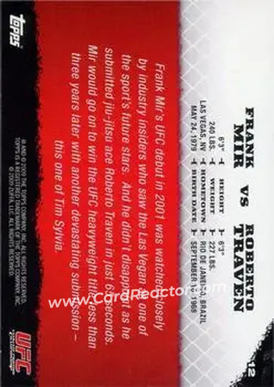2009 Topps UFC Round 1 #12 - Frank Mir - Roberto Traven RC - Back