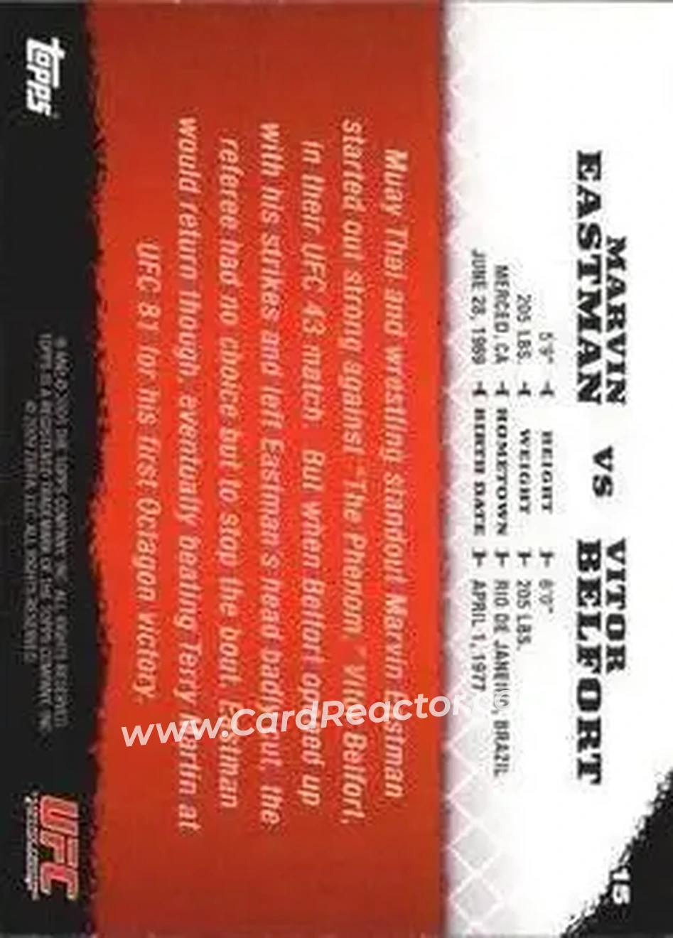 2009 Topps UFC Round 1 #15 - Marvin Eastman - Vitor Belfort RC - Back