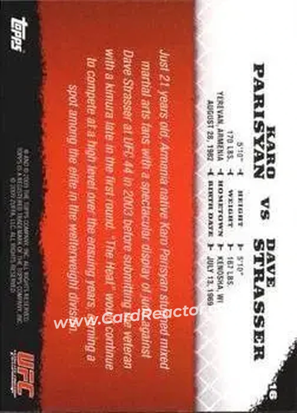 2009 Topps UFC Round 1 #16 - Karo Parisyan - Dave Strasser RC - Back