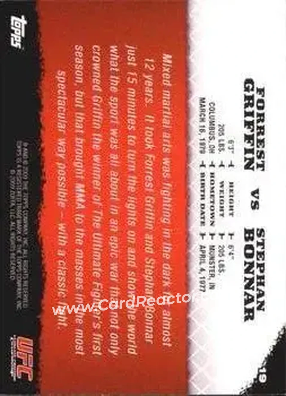 2009 Topps UFC Round 1 #19 - Forrest Griffin - Stephan Bonnar RC - Back