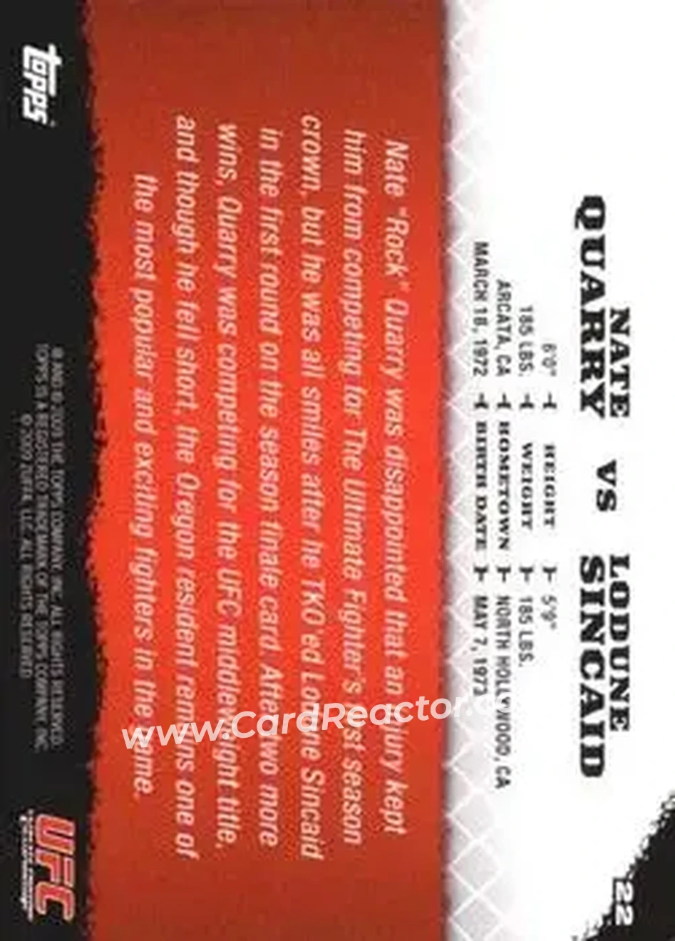 2009 Topps UFC Round 1 #22 - Nate Quarry - Lodune Sincaid RC - Back