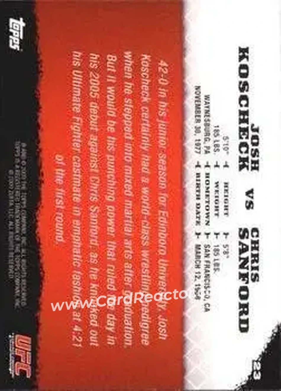 2009 Topps UFC Round 1 #23 - Josh Koscheck - Chris Sanford RC - Back