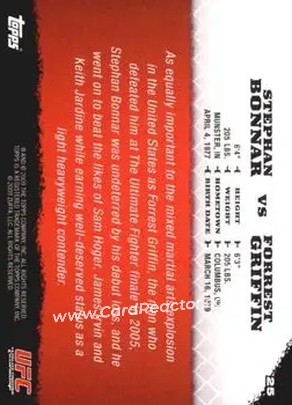 2009 Topps UFC Round 1 #25 - Stephan Bonnar - Forrest Griffin RC - Back