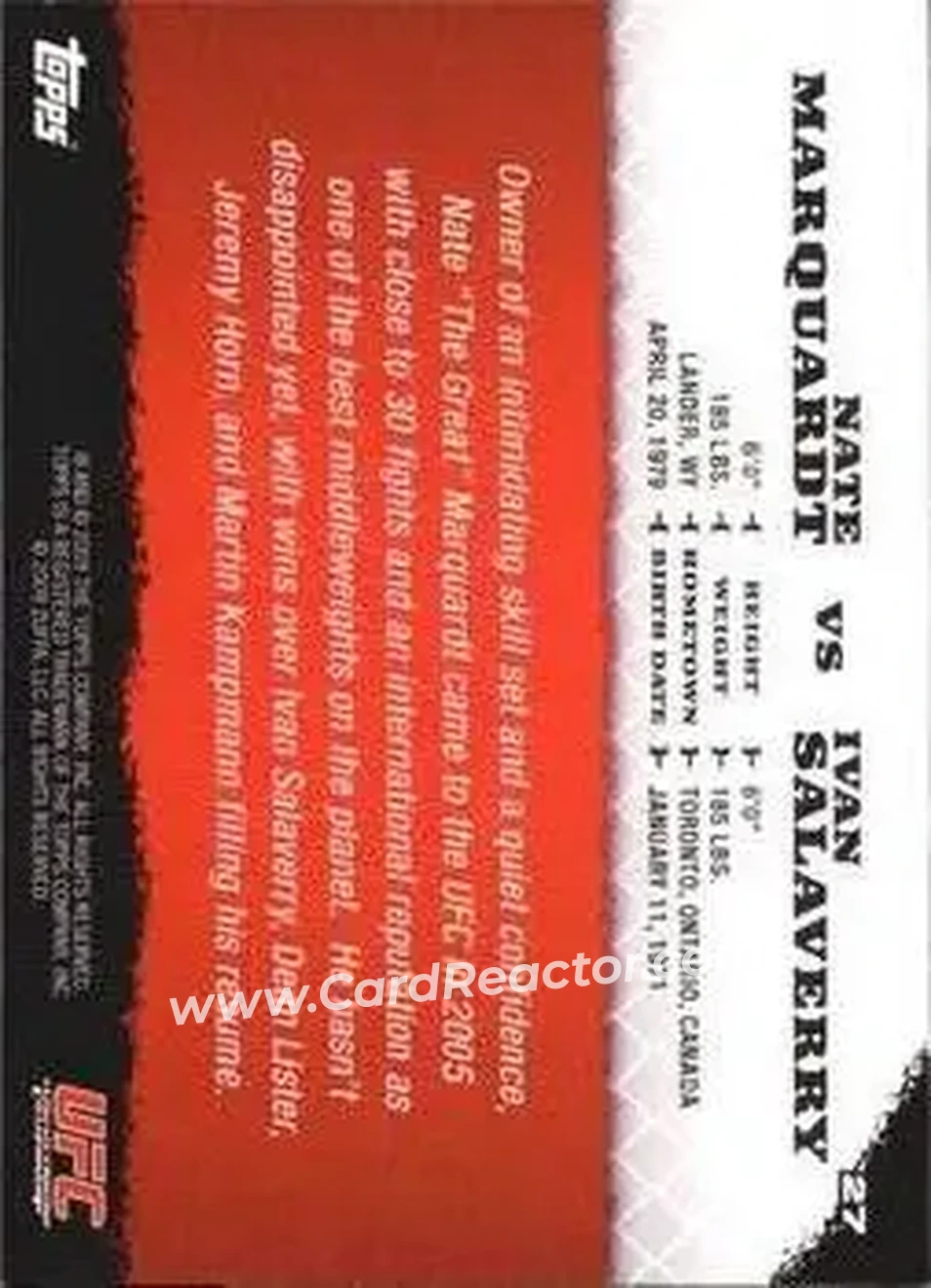2009 Topps UFC Round 1 #27 - Nate Marquardt - Ivan Salaverry RC - Back