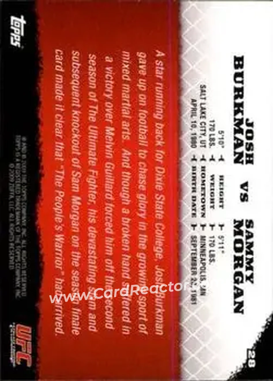 2009 Topps UFC Round 1 #28 - Josh Burkman - Sammy Morgan RC - Back