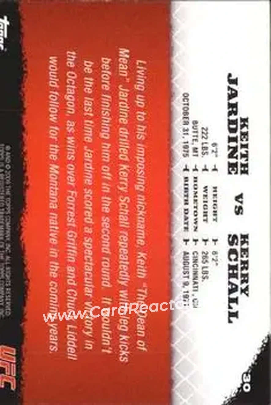 2009 Topps UFC Round 1 #30 - Keith Jardine - Kerry Schall RC - Back