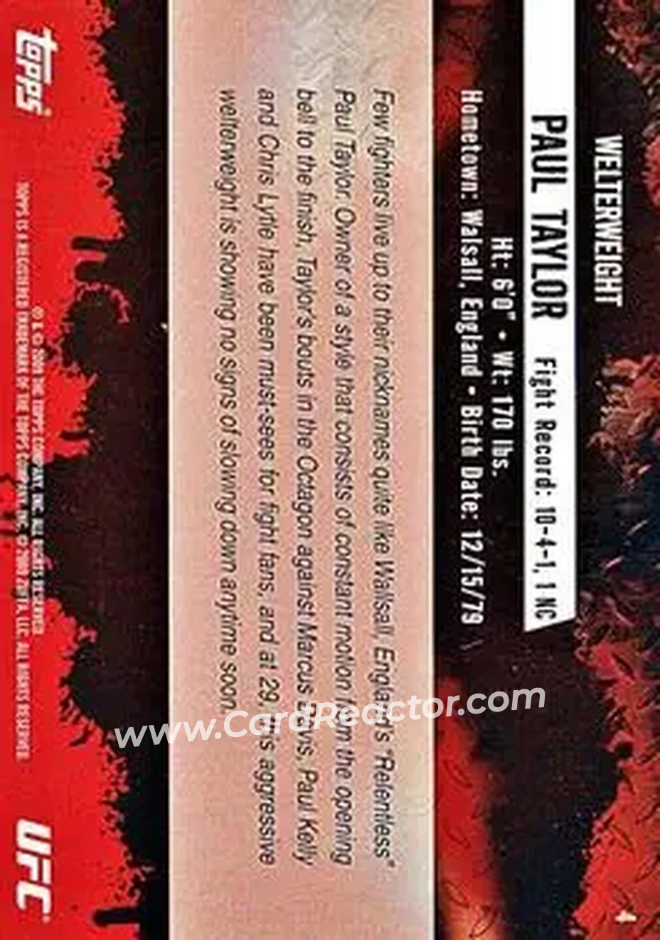 2009 Topps UFC Round 2 #4 - Paul Taylor - Back