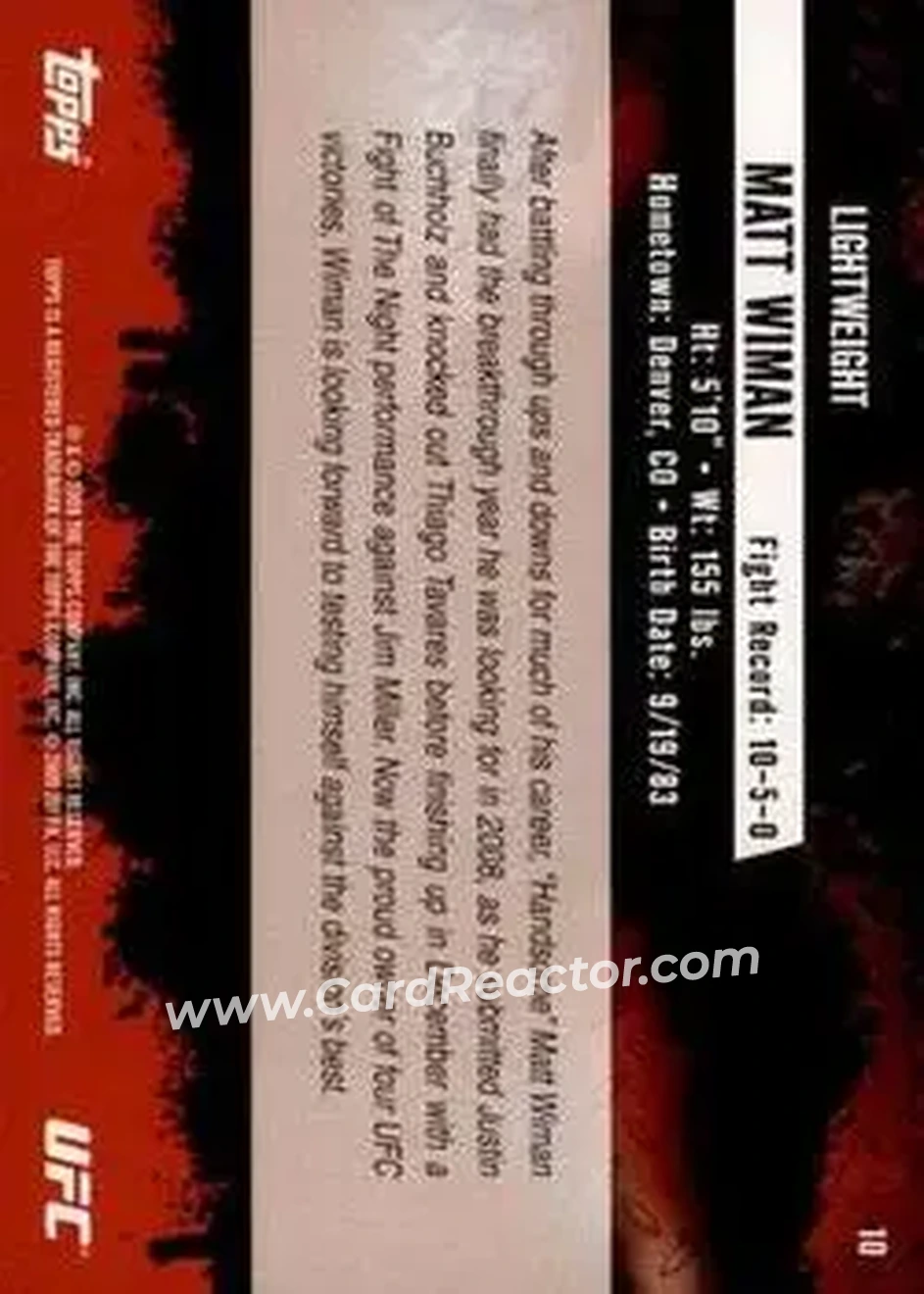 2009 Topps UFC Round 2 #10 - Matt Wiman - Back