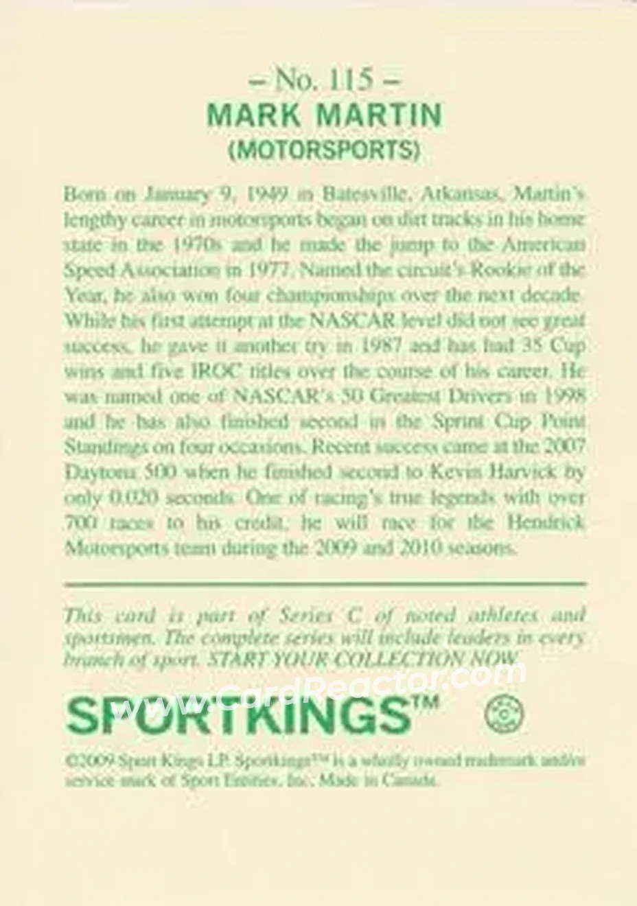 2009 Sportkings Series C #115 - Mark Martin - Back