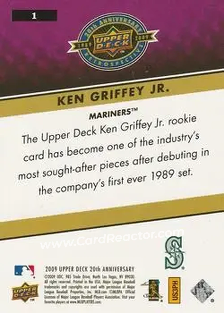 2009 Upper Deck 20th Anniversary #1 - Ken Griffey Jr. - Seattle Mariners - Back