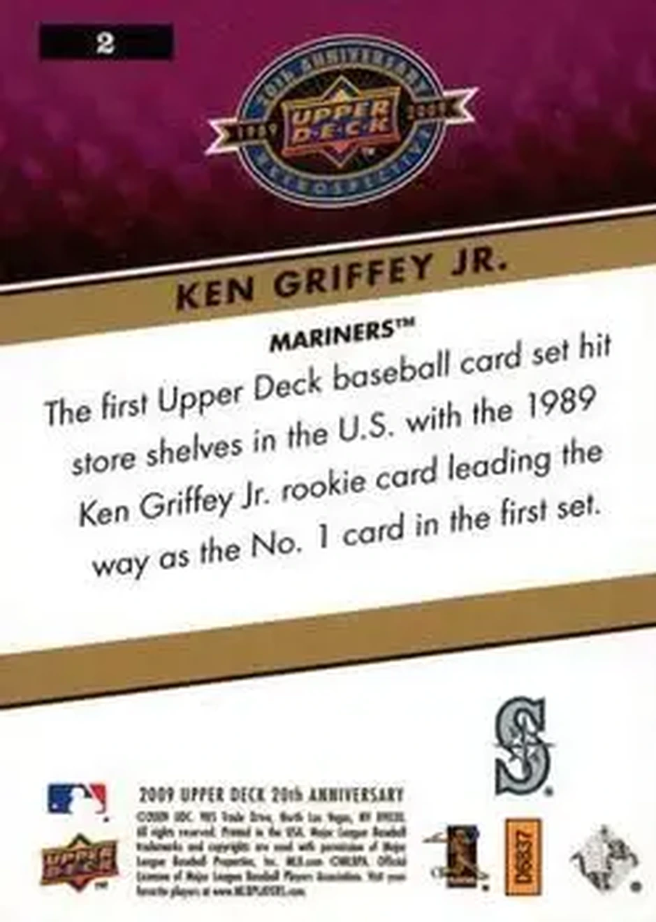 2009 Upper Deck 20th Anniversary #2 - Ken Griffey Jr. - Seattle Mariners - Back